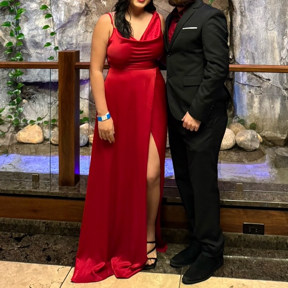 Draped neck split thigh dress - Picture 1 of 9